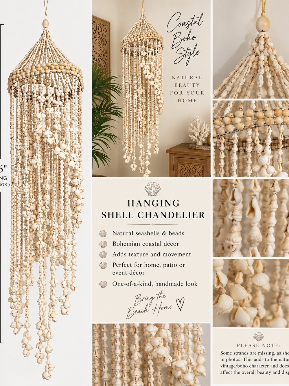 Large 46" Natural Seashell Hanging Chandelier Boho Coastal Wall Decor Vintage